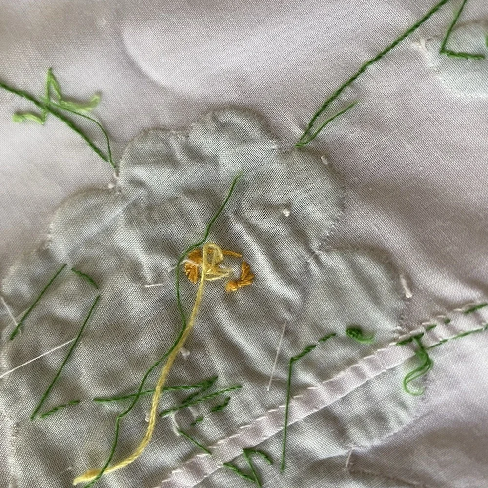 Vintage 70s Hand Sewn Embroidered Applique Floral Tablecloth 70x88